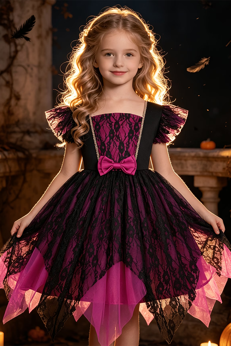Girls Magenta‑Black Lace Dress for Special Events with Bow & Irregular Tulle Hement
