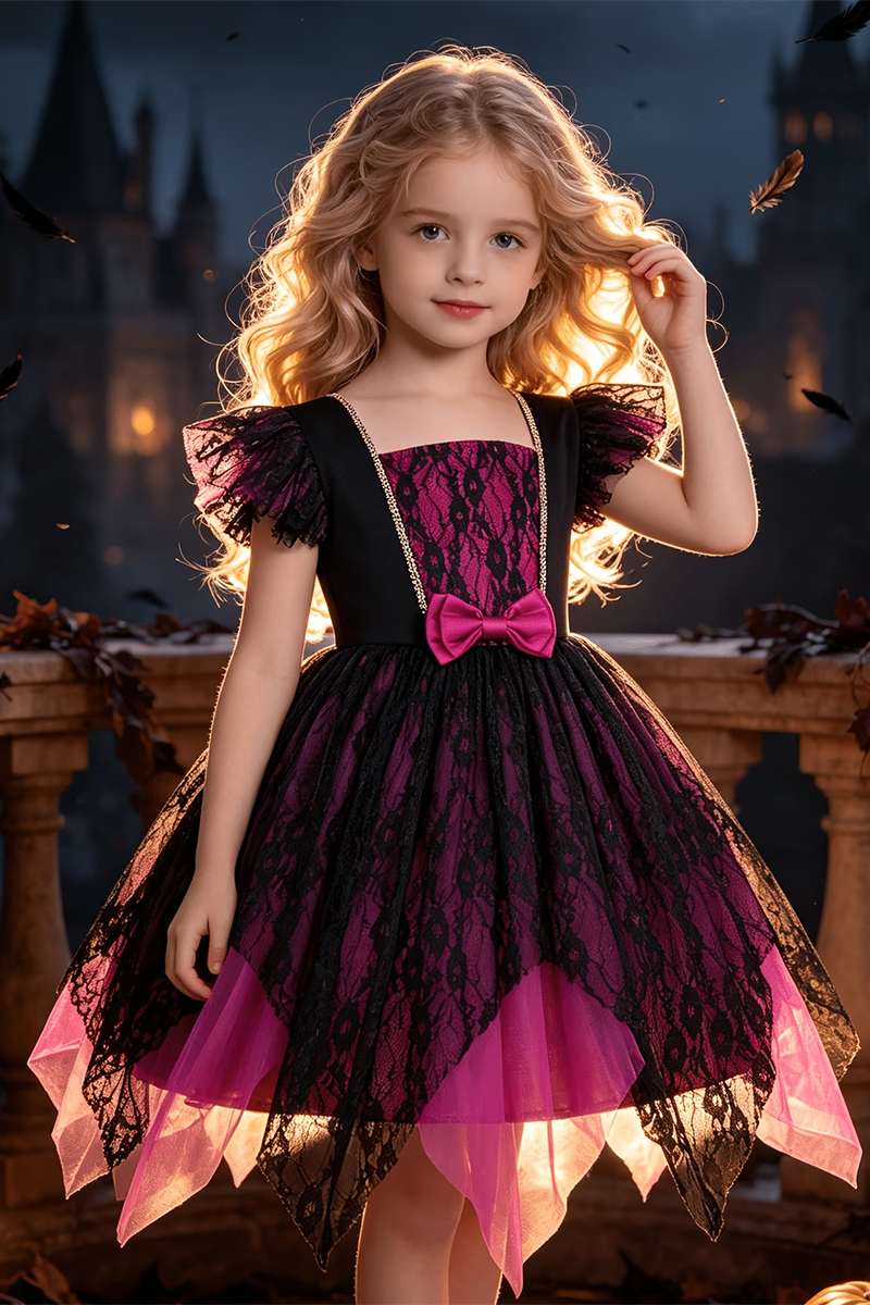 Girls Magenta‑Black Lace Dress for Special Events with Bow & Irregular Tulle Hement