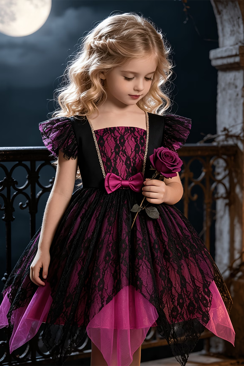 Girls Magenta‑Black Lace Dress for Special Events with Bow & Irregular Tulle Hement