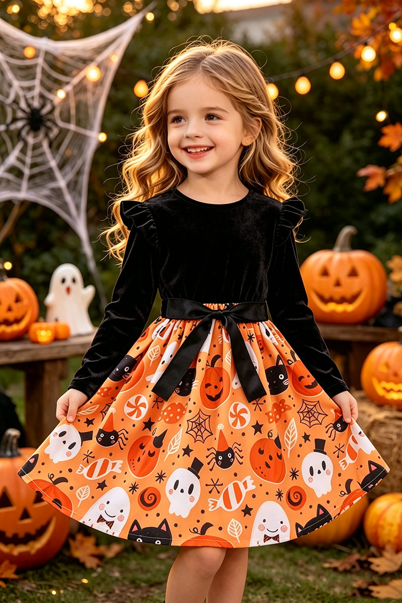 Girls Long‑Sleeve Halloween Print Dress with Satin Bow