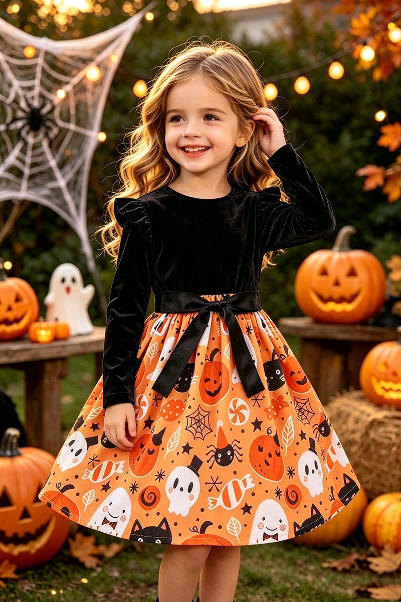 Girls Long‑Sleeve Halloween Print Dress with Satin Bow