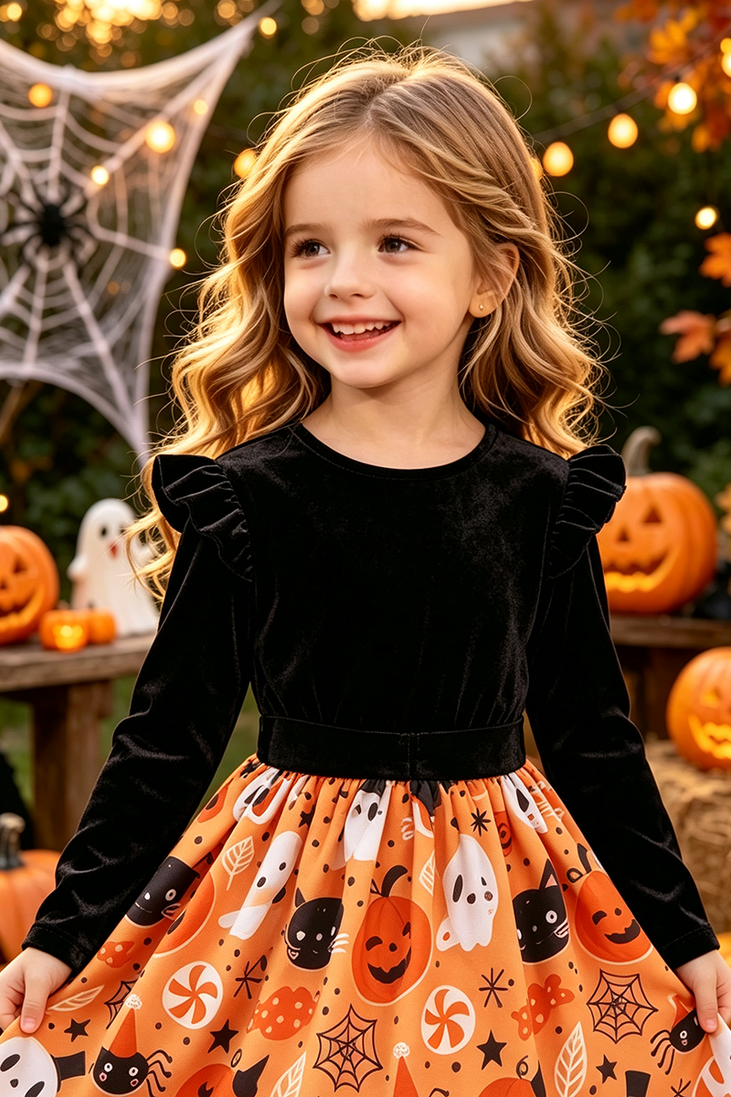 Girls Long‑Sleeve Halloween Print Dress with Satin Bow