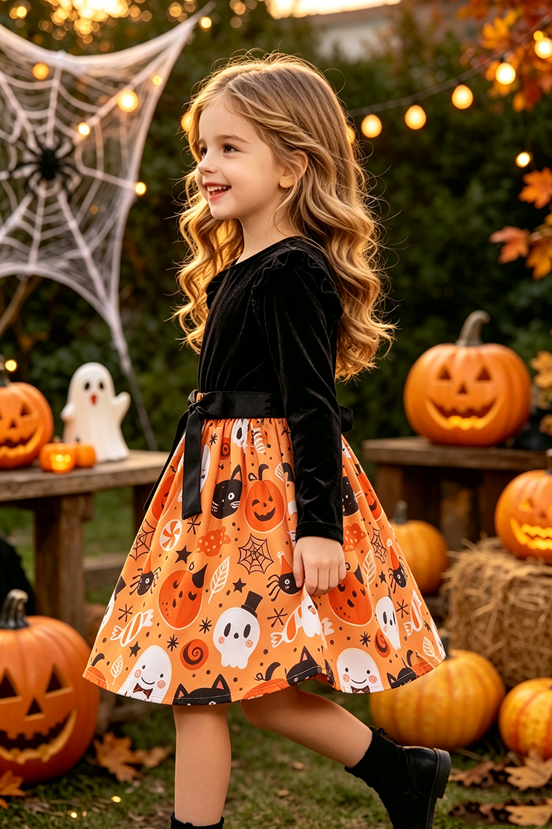 Girls Long‑Sleeve Halloween Print Dress with Satin Bow