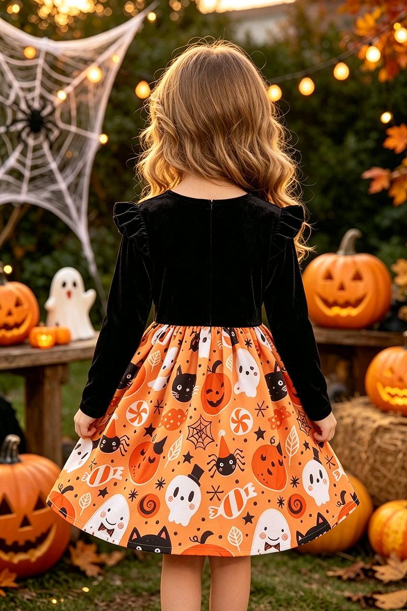 Girls Long‑Sleeve Halloween Print Dress with Satin Bow