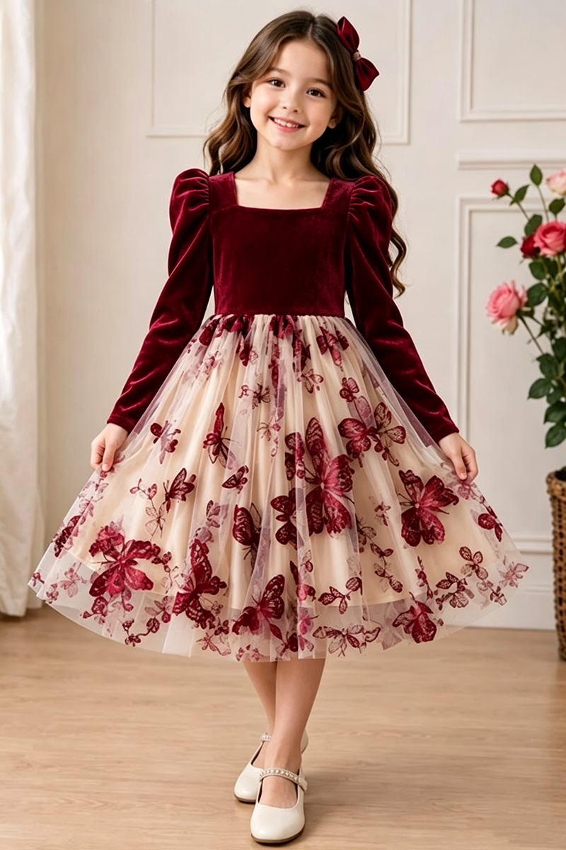 Girls Burgundy Velvet Dress for Weddings with Butterfly‑Print Tulle Skirt