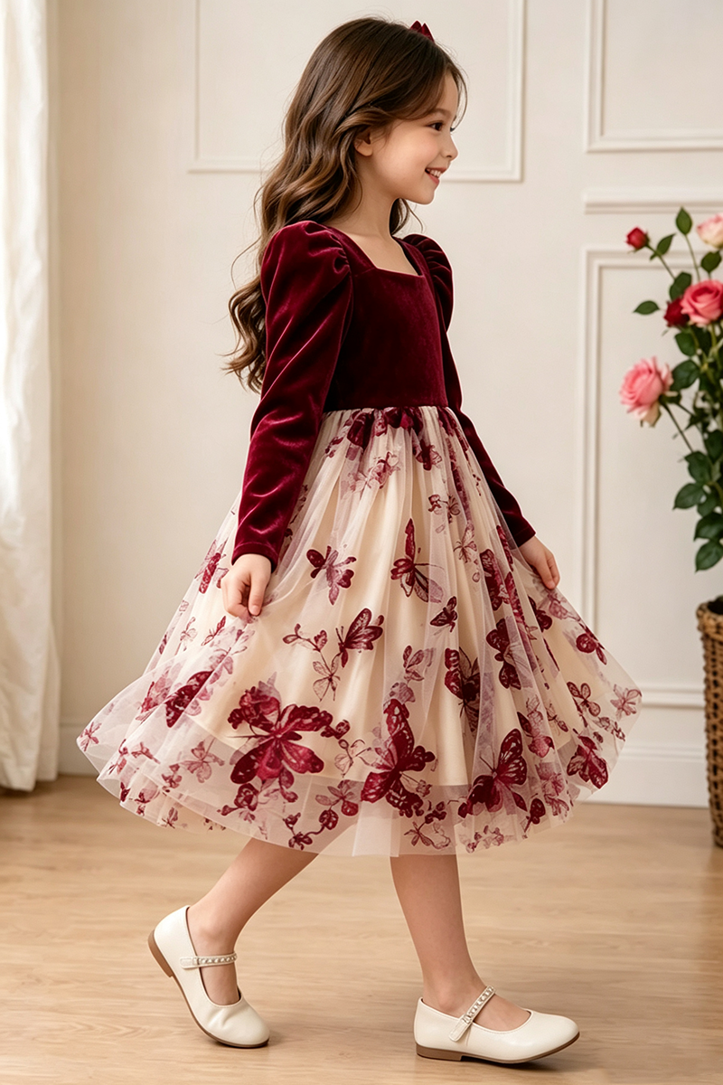 Girls Burgundy Velvet Dress for Weddings with Butterfly‑Print Tulle Skirt