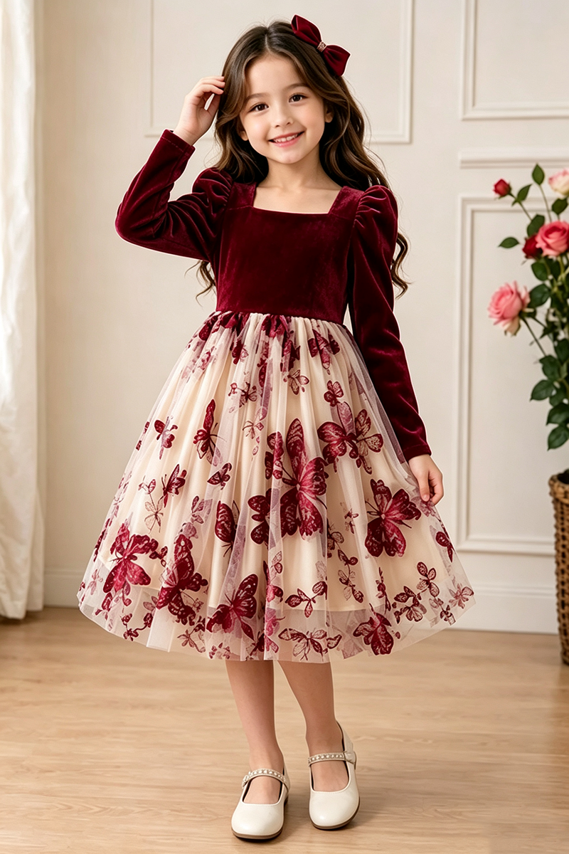 Girls Burgundy Velvet Dress for Weddings with Butterfly‑Print Tulle Skirt
