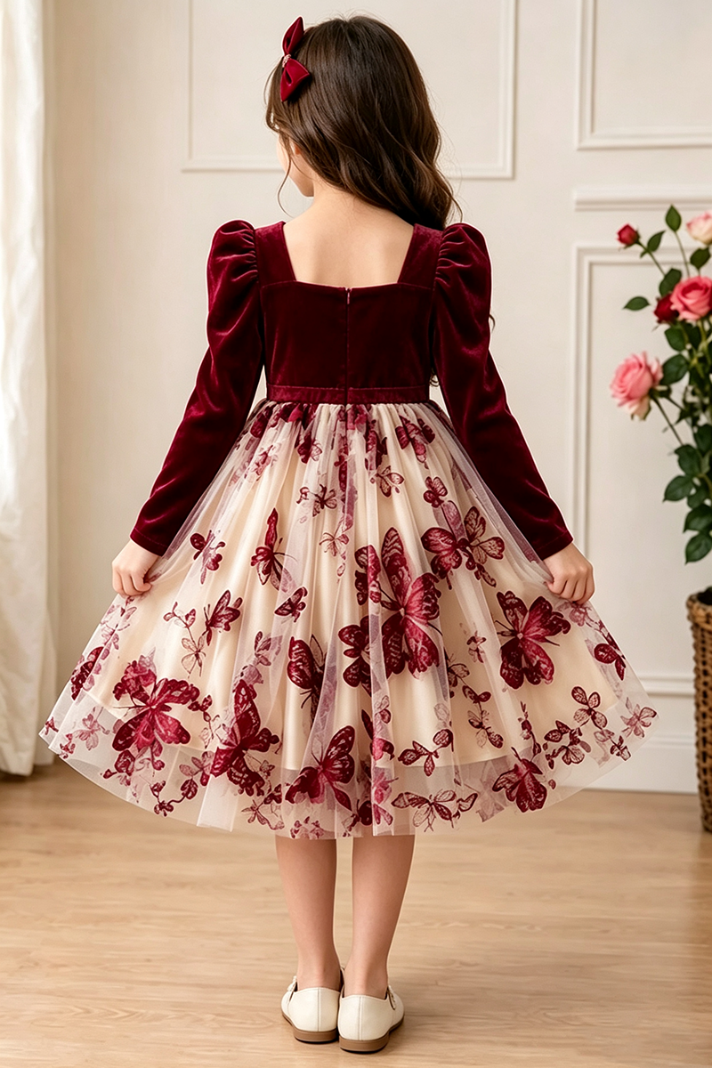 Girls Burgundy Velvet Dress for Weddings with Butterfly‑Print Tulle Skirt