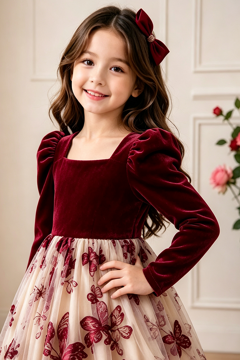 Girls Burgundy Velvet Dress for Weddings with Butterfly‑Print Tulle Skirt