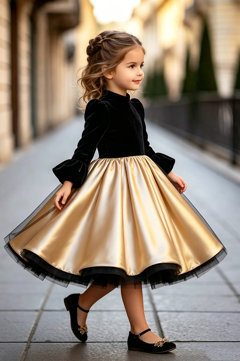 Girls Black Velvet Satin Dress for Weddings with Bell‑Sleeve Full Gold Skirt