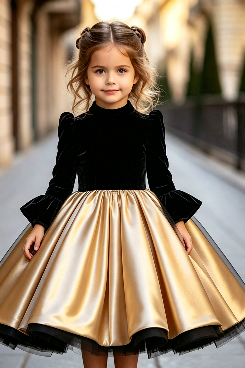 Girls Black Velvet Satin Dress for Weddings with Bell‑Sleeve Full Gold Skirt