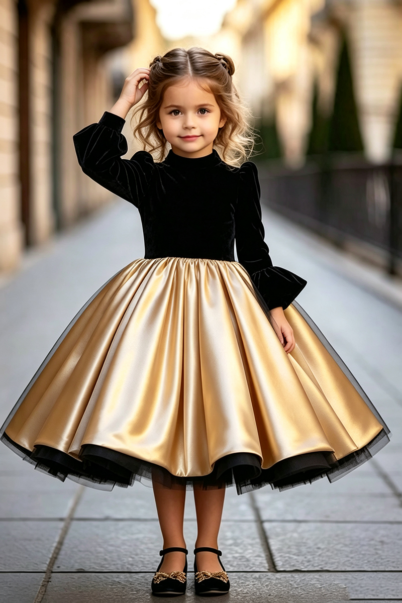 Girls Black Velvet Satin Dress for Weddings with Bell‑Sleeve Full Gold Skirt