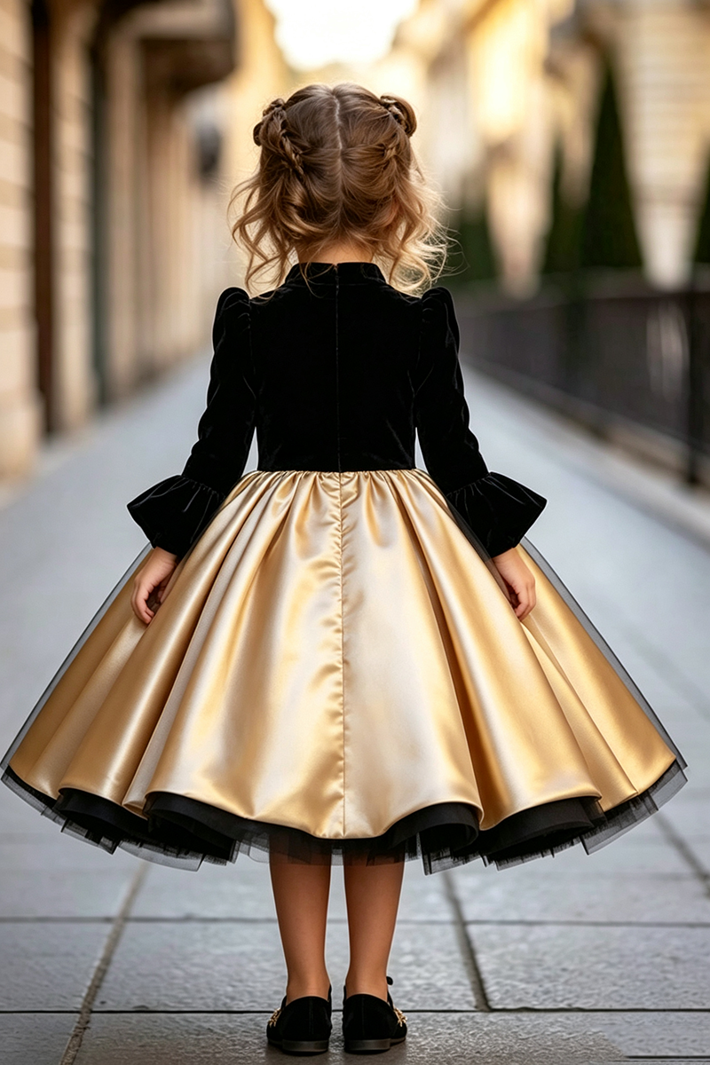 Girls Black Velvet Satin Dress for Weddings with Bell‑Sleeve Full Gold Skirt