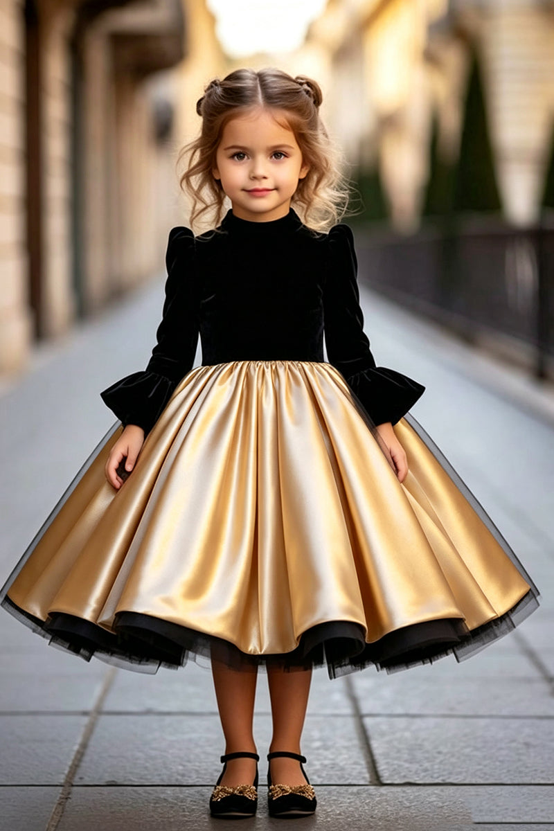 Girls Black Velvet Satin Dress for Weddings with Bell‑Sleeve Full Gold Skirt