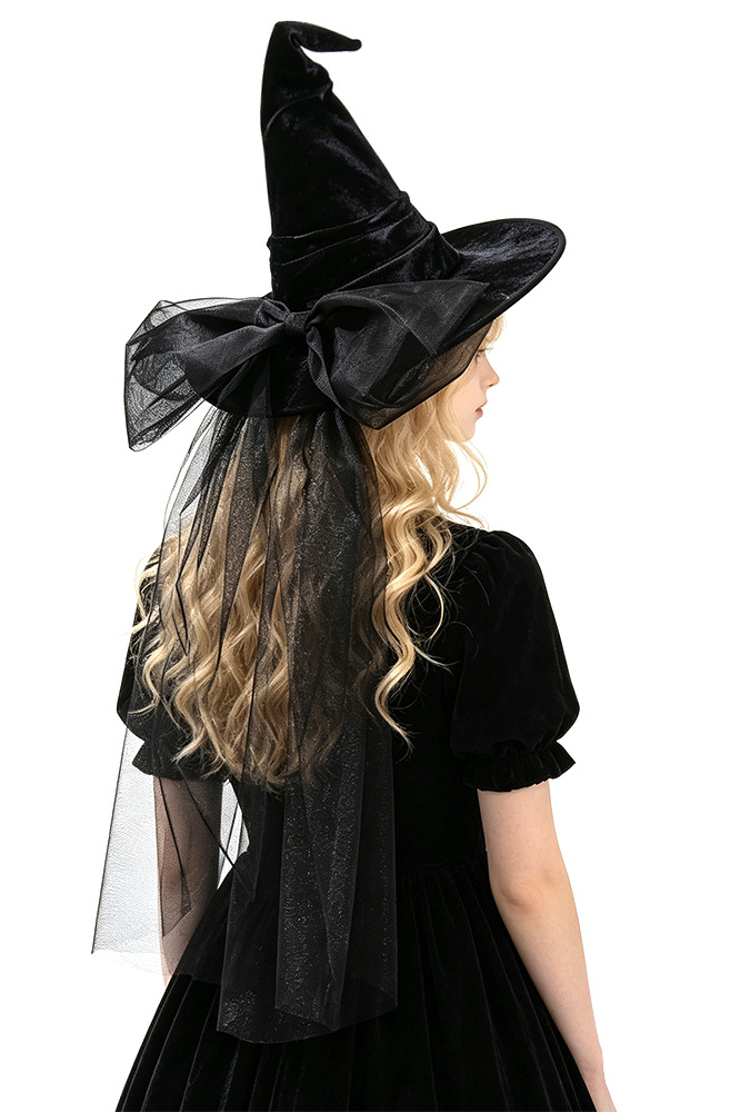 Black Velvet Witch Hat with Tulle Bow & Long Veil Halloween Cosplay Costume Headwear