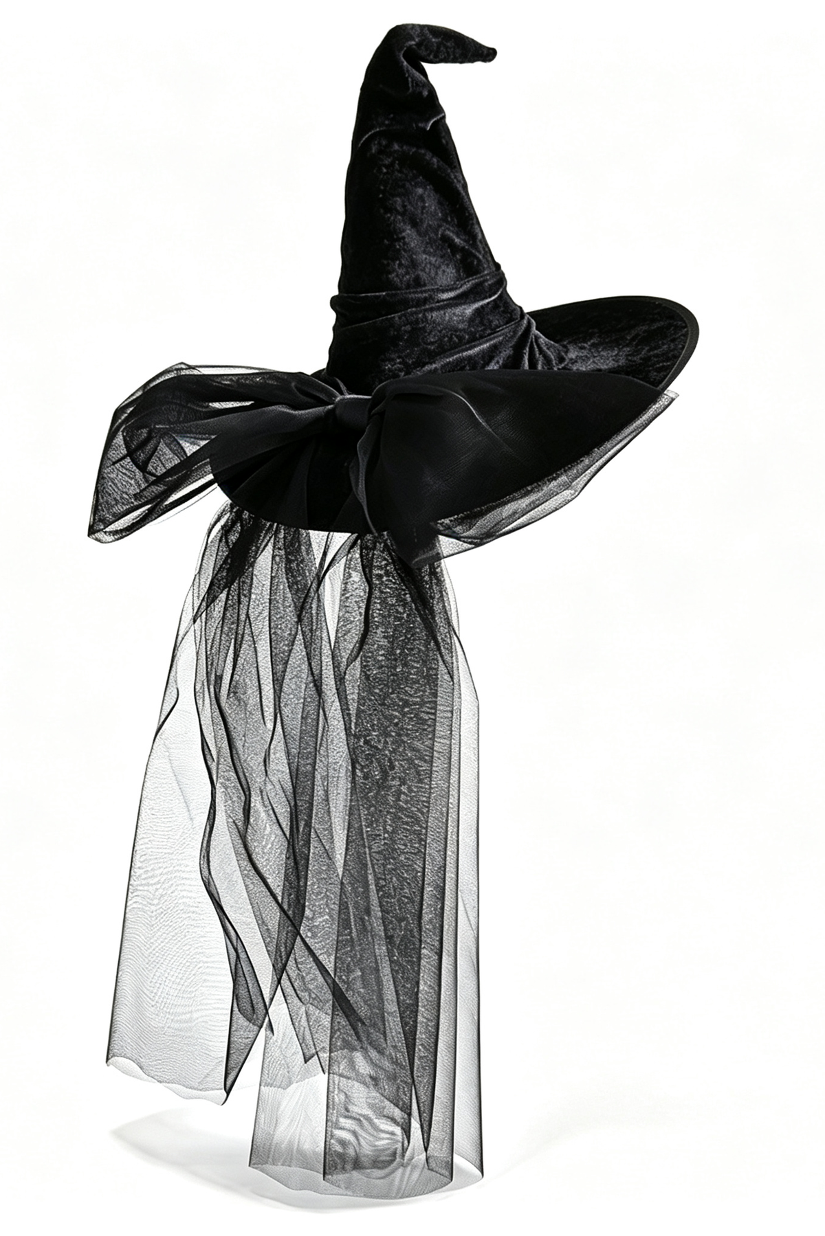 Black Velvet Witch Hat with Tulle Bow & Long Veil Halloween Cosplay Costume Headwear