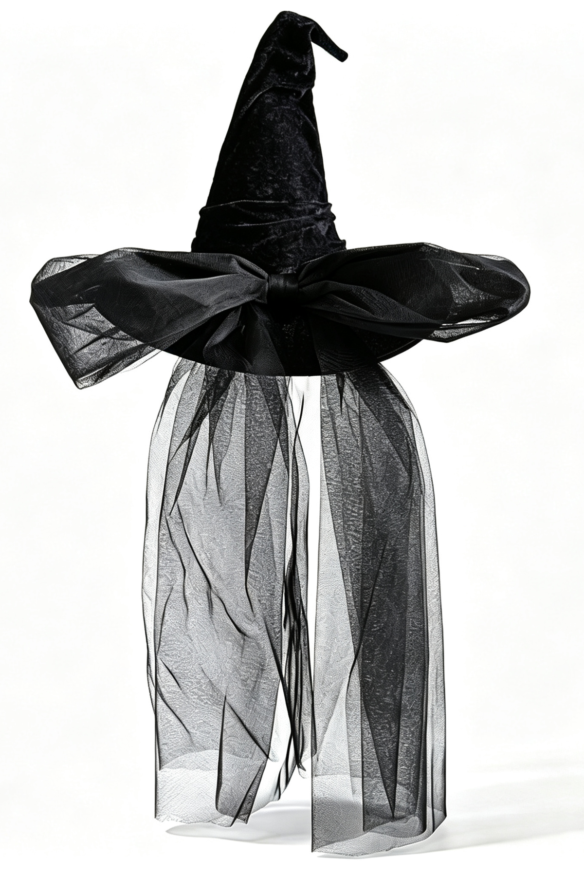 Black Velvet Witch Hat with Tulle Bow & Long Veil Halloween Cosplay Costume Headwear