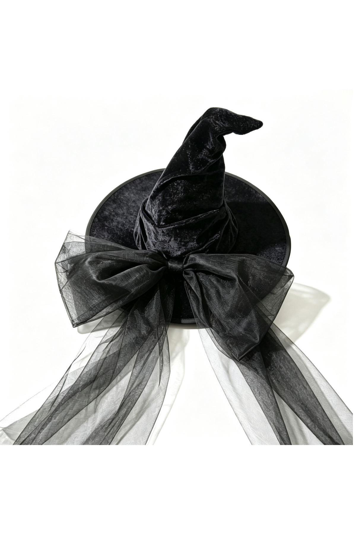 Black Velvet Witch Hat with Tulle Bow & Long Veil Halloween Cosplay Costume Headwear
