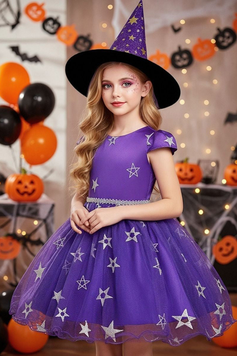 Purple Satin Star Tulle Halloween Dress（Hat Included）