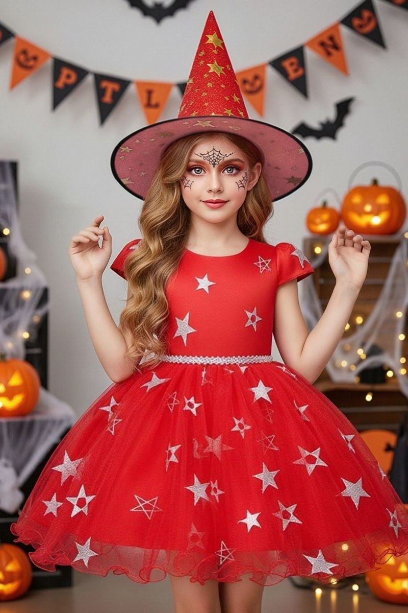 Purple Satin Star Tulle Halloween Dress（Hat Included）