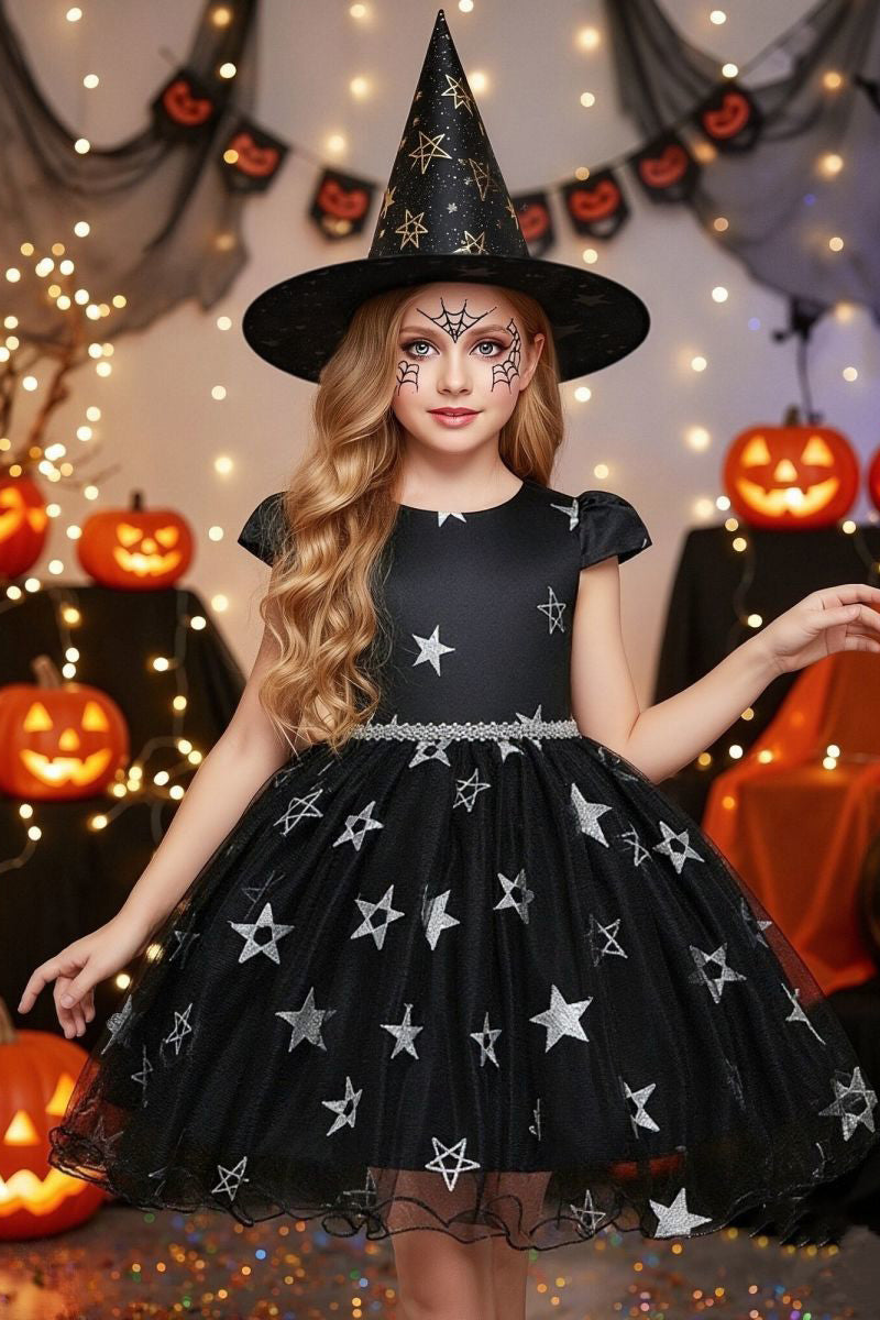 Purple Satin Star Tulle Halloween Dress（Hat Included）