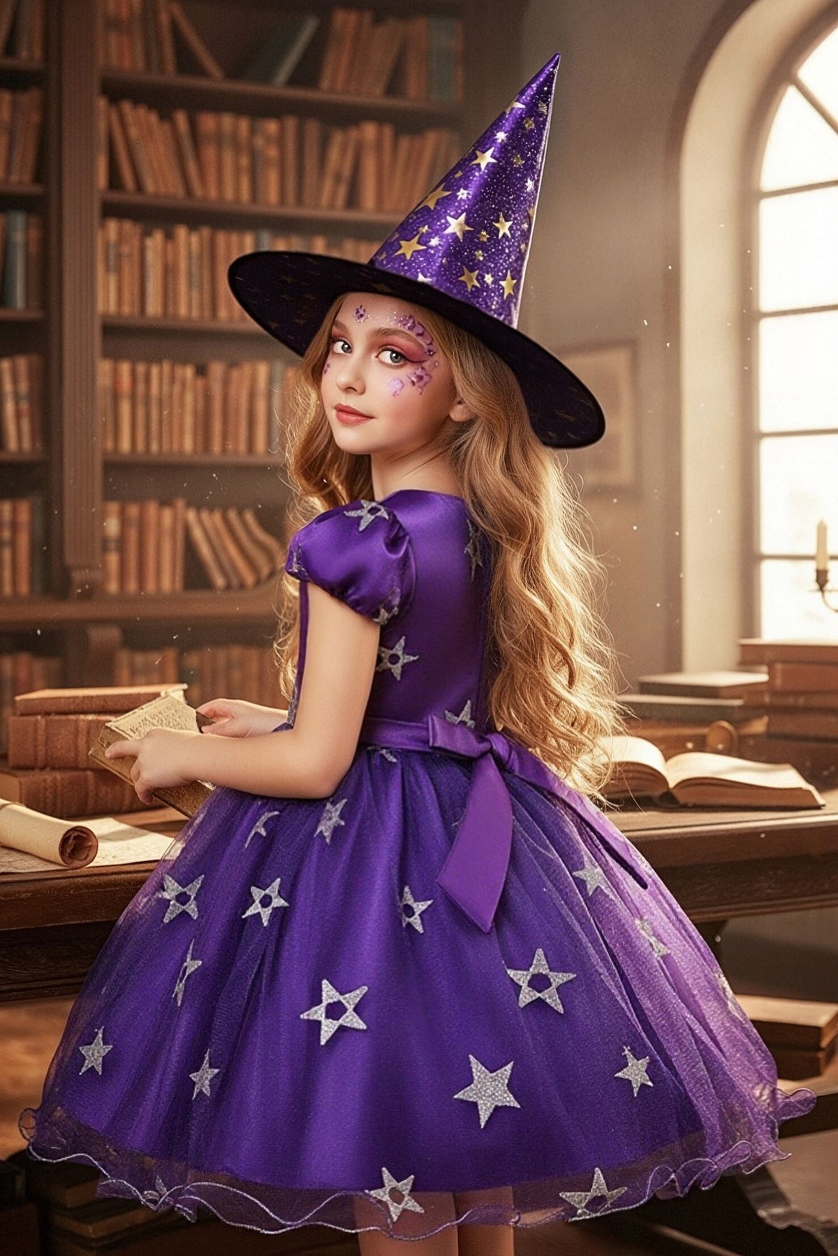 Purple Satin Star Tulle Halloween Dress（Hat Included）