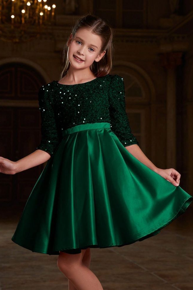 Burgundy Sequin 3/4 Sleeve Satin Pleated A-Line Dress