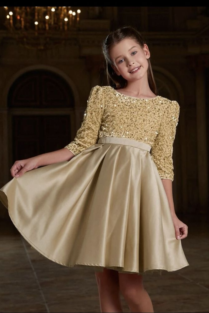 Burgundy Sequin 3/4 Sleeve Satin Pleated A-Line Dress