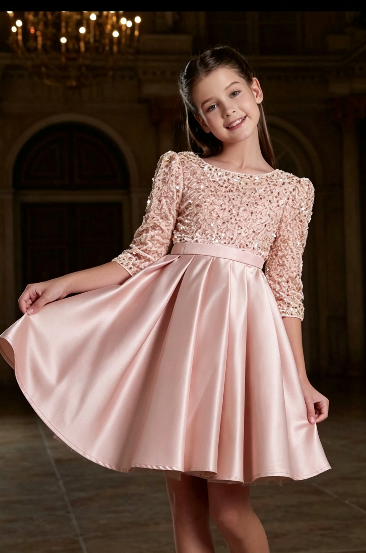 Burgundy Sequin 3/4 Sleeve Satin Pleated A-Line Dress