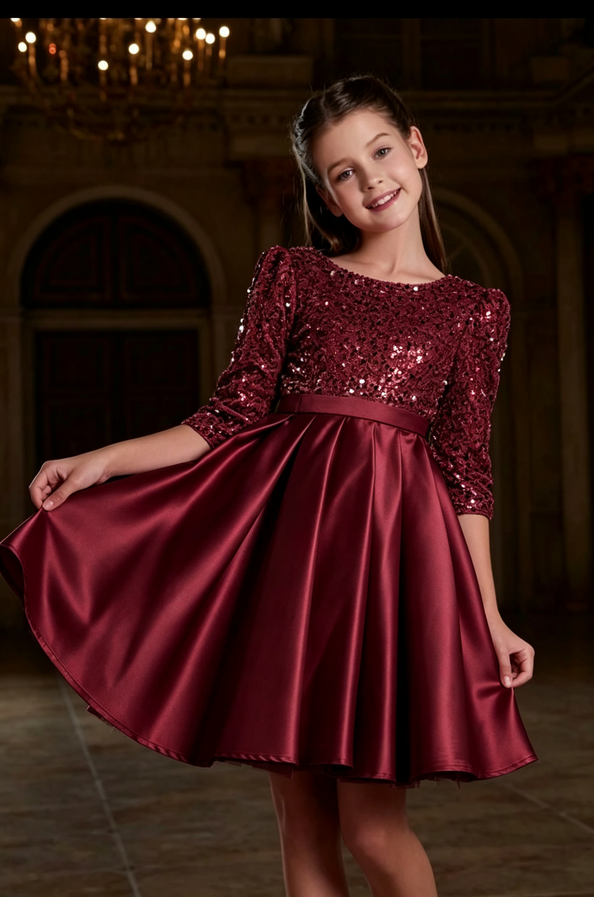 Burgundy Sequin 3/4 Sleeve Satin Pleated A-Line Dress