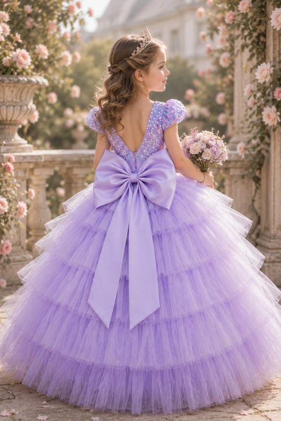 Pink Sequin Satin Bow Tiered Cake Tulle A-Line Dress