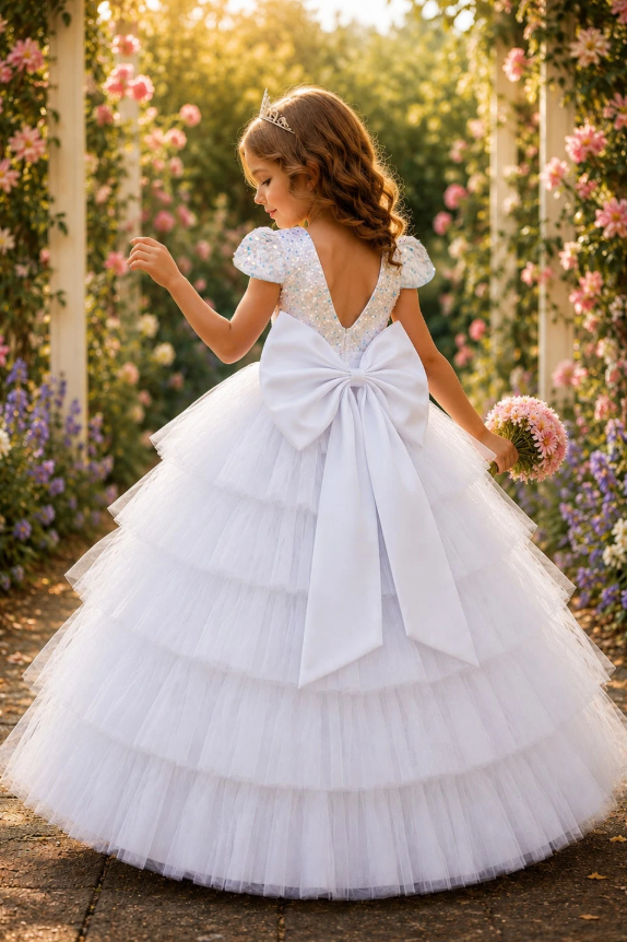 Pink Sequin Satin Bow Tiered Cake Tulle A-Line Dress