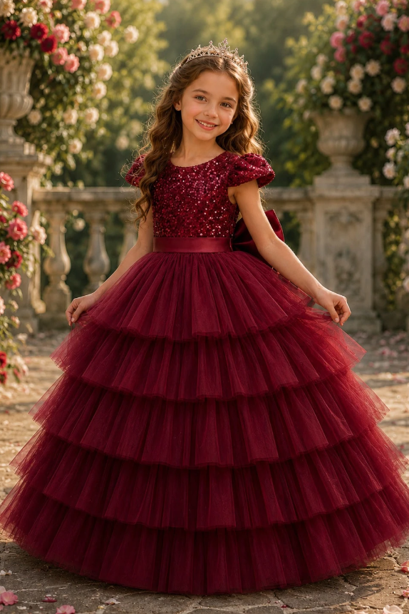Pink Sequin Satin Bow Tiered Cake Tulle A-Line Dress