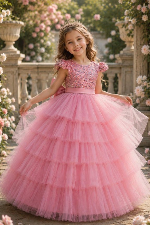 Pink Sequin Satin Bow Tiered Cake Tulle A-Line Dress