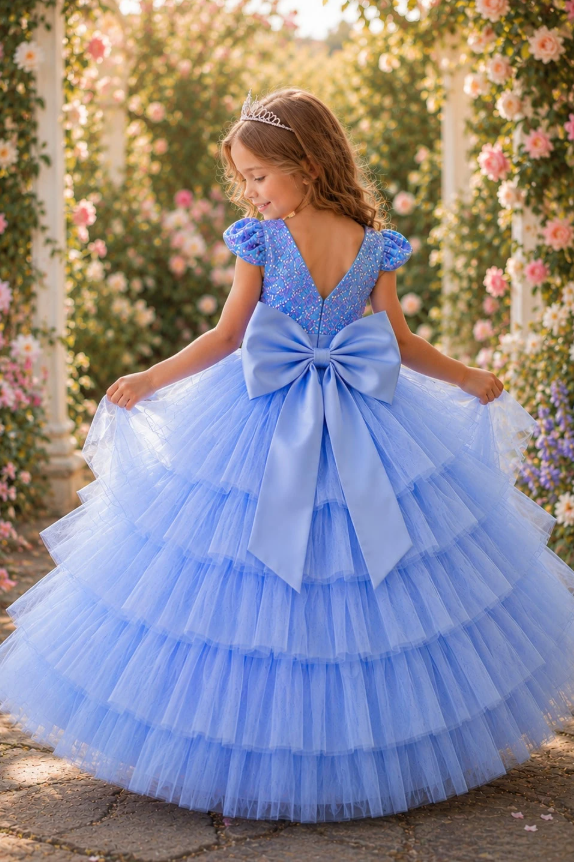 Pink Sequin Satin Bow Tiered Cake Tulle A-Line Dress