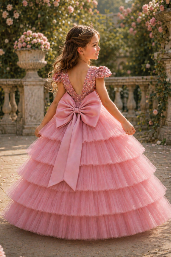 Pink Sequin Satin Bow Tiered Cake Tulle A-Line Dress
