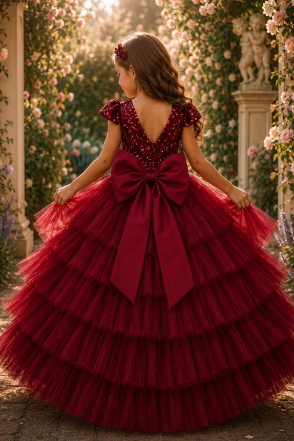 Pink Sequin Satin Bow Tiered Cake Tulle A-Line Dress