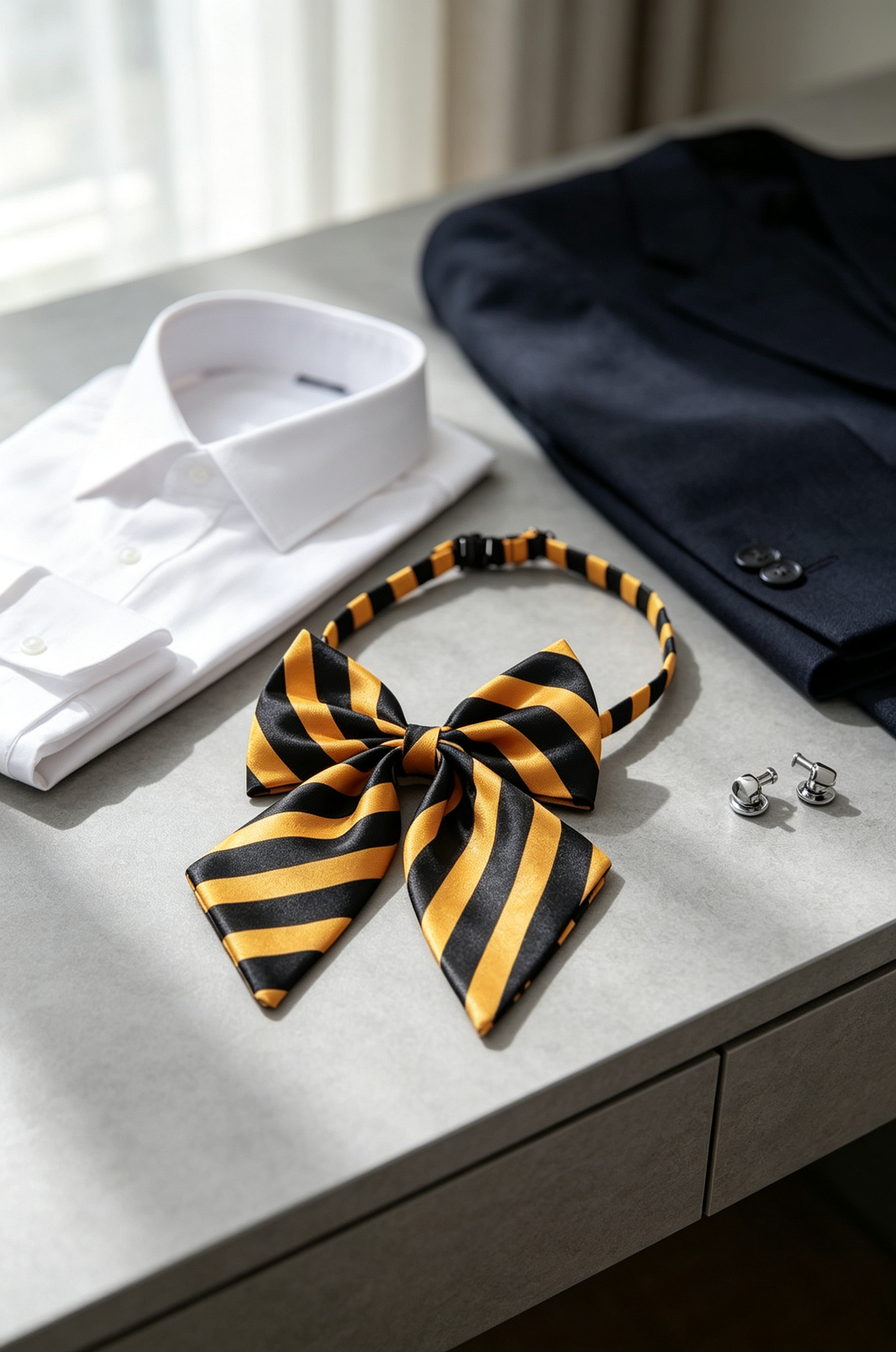 Gold Black Stripe Satin Adjustable Bow Tie