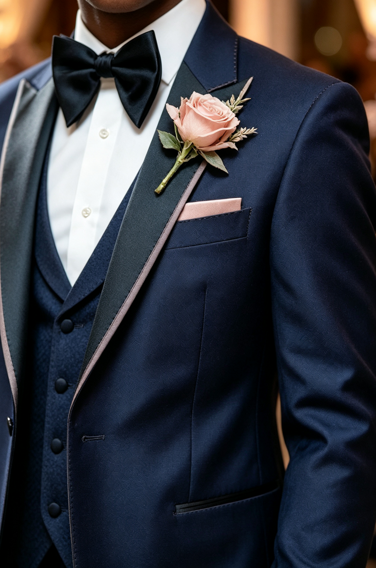 Navy Blend Black Satin Trim Lapel Single Breasted 3-Piece Suit