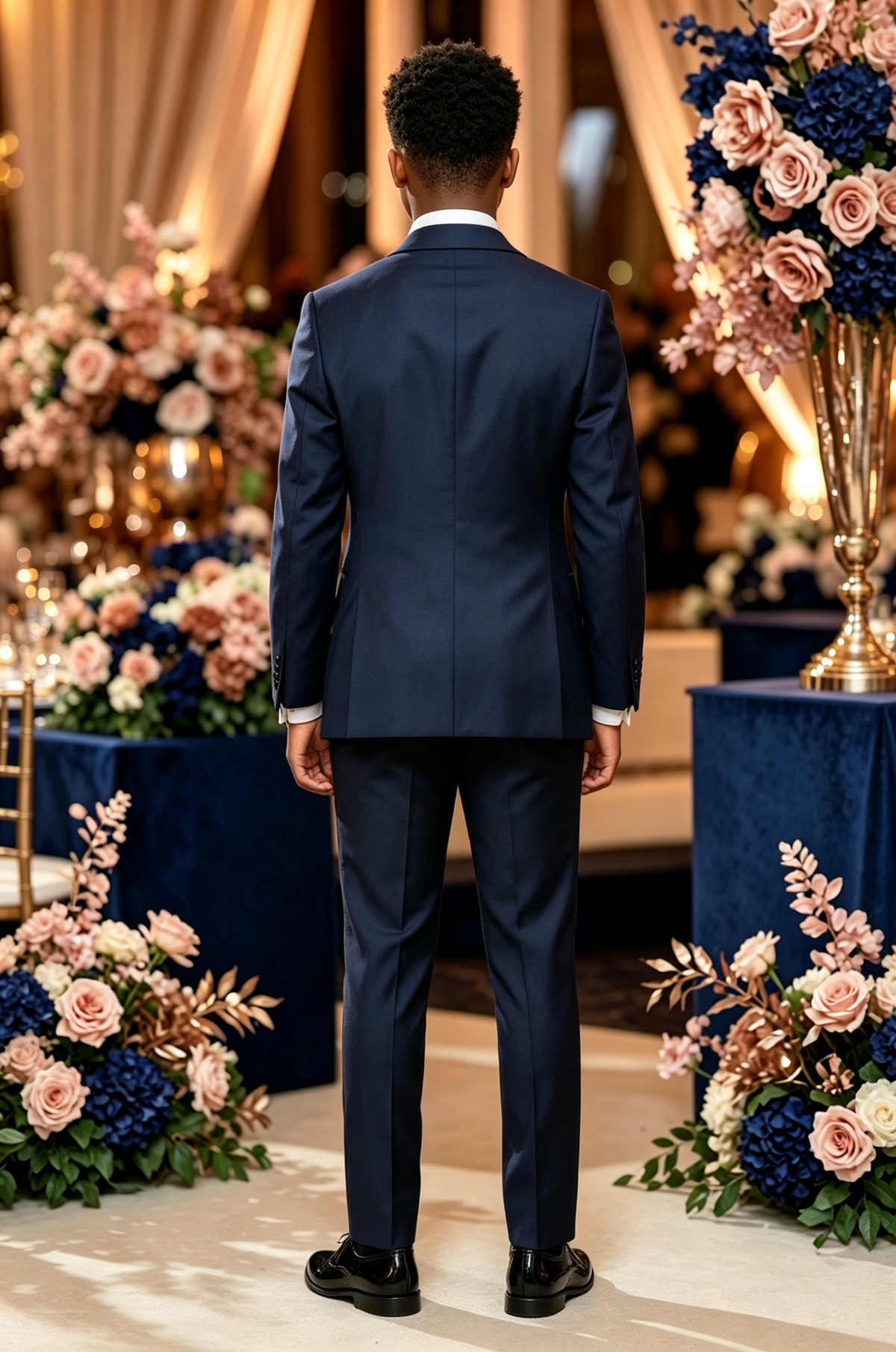 Navy Blend Black Satin Trim Lapel Single Breasted 3-Piece Suit