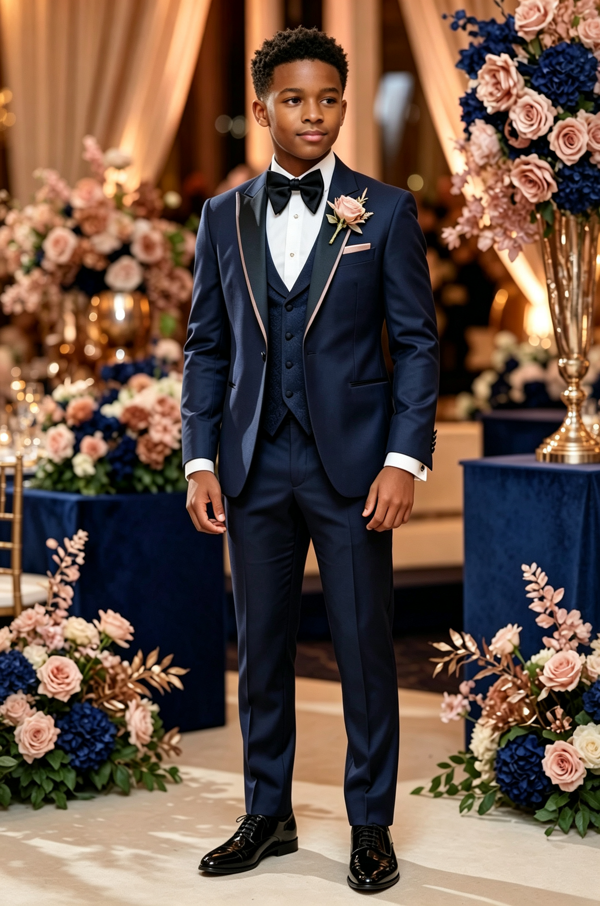 Navy Blend Black Satin Trim Lapel Single Breasted 3-Piece Suit