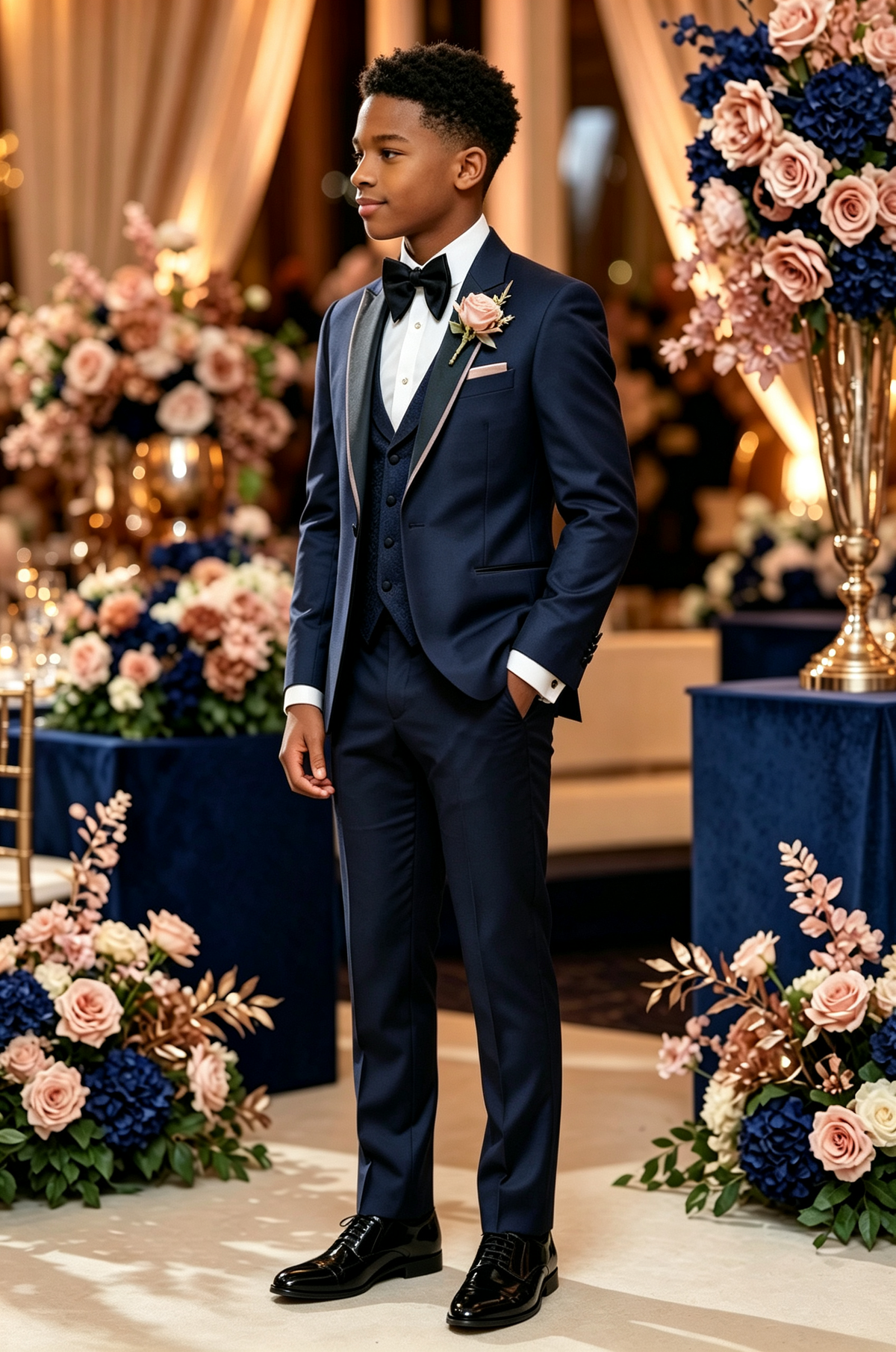 Navy Blend Black Satin Trim Lapel Single Breasted 3-Piece Suit