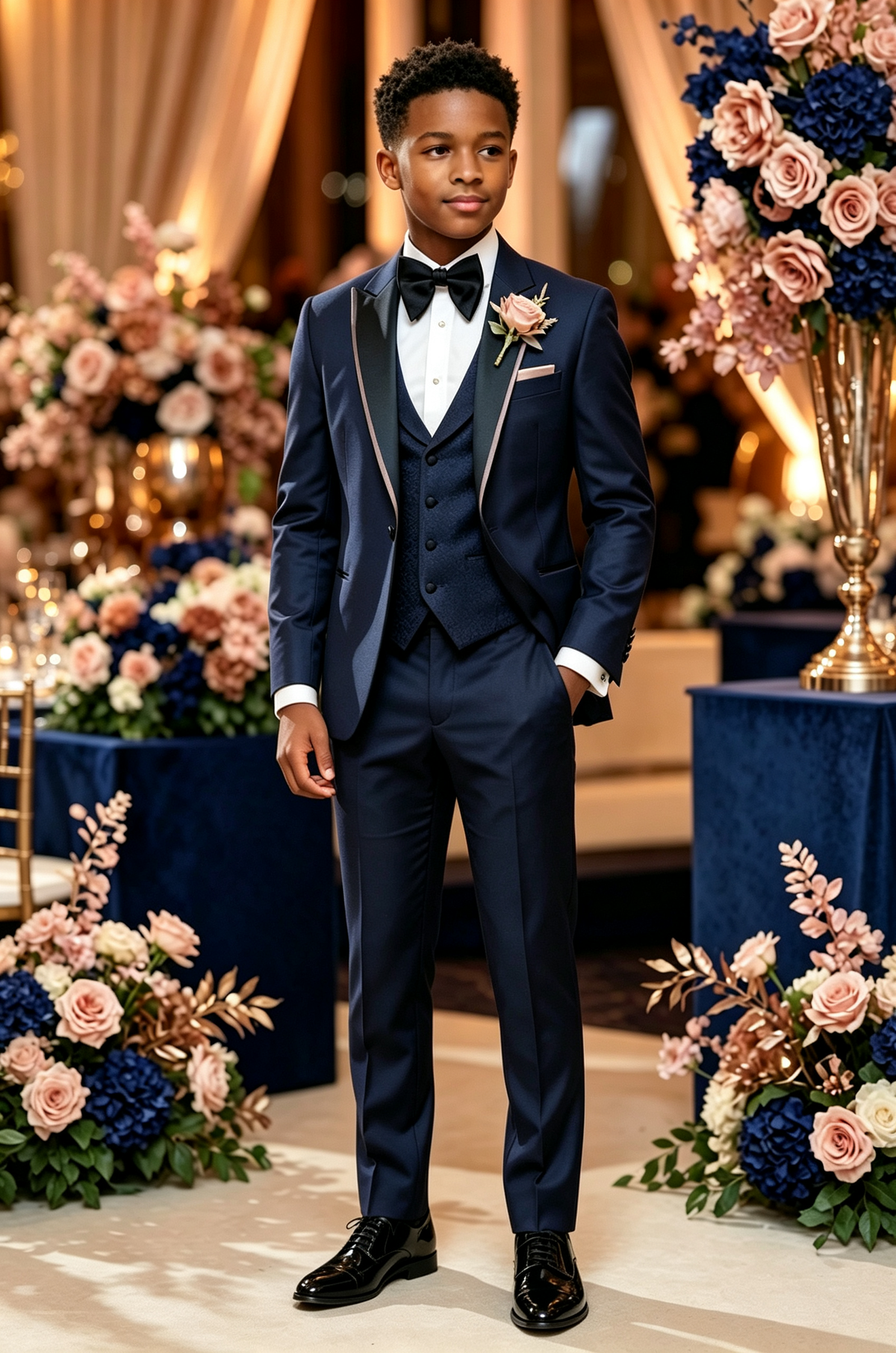 Navy Blend Black Satin Trim Lapel Single Breasted 3-Piece Suit