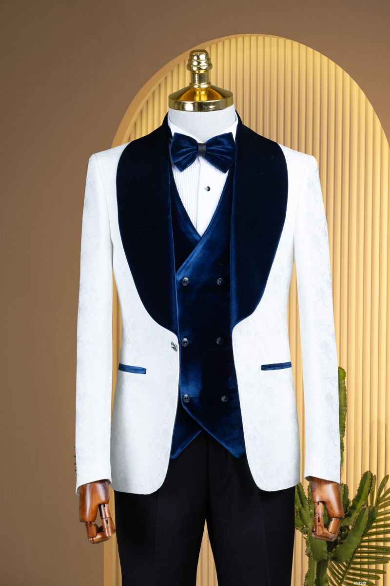 White Jacquard Satin + Navy Velvet Lapel & Vest + Blend Trousers 3-Piece Suit