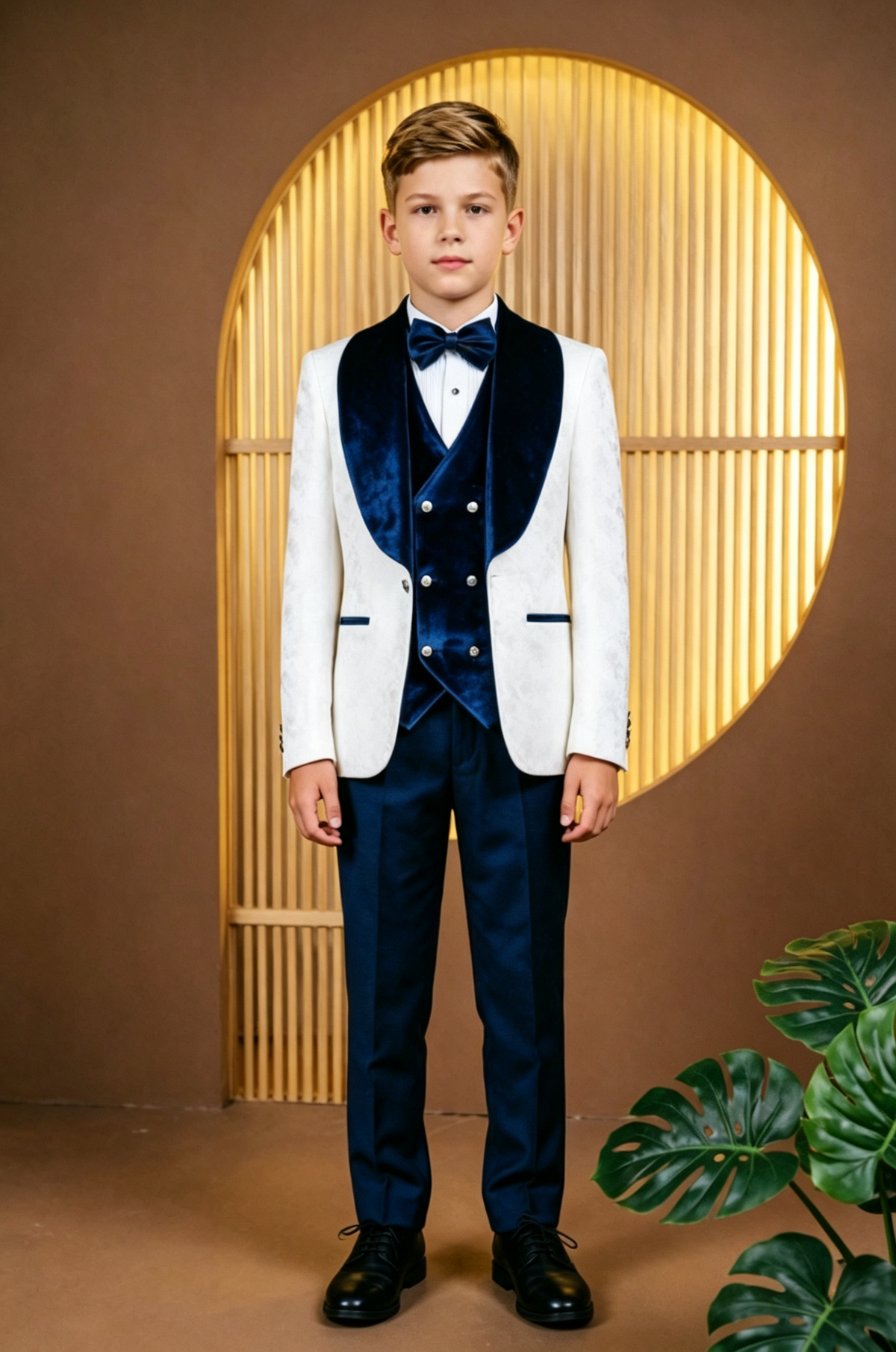 White Jacquard Satin + Navy Velvet Lapel & Vest + Blend Trousers 3-Piece Suit