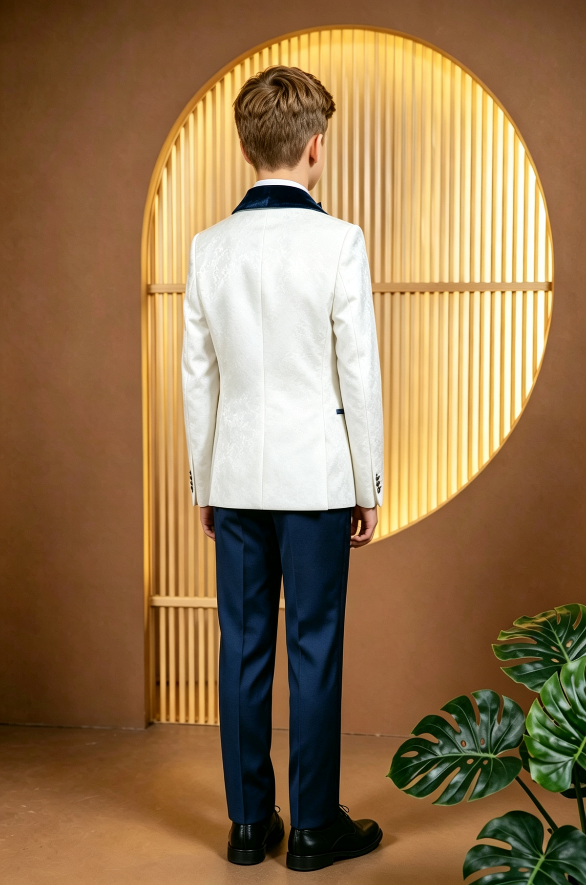 White Jacquard Satin + Navy Velvet Lapel & Vest + Blend Trousers 3-Piece Suit
