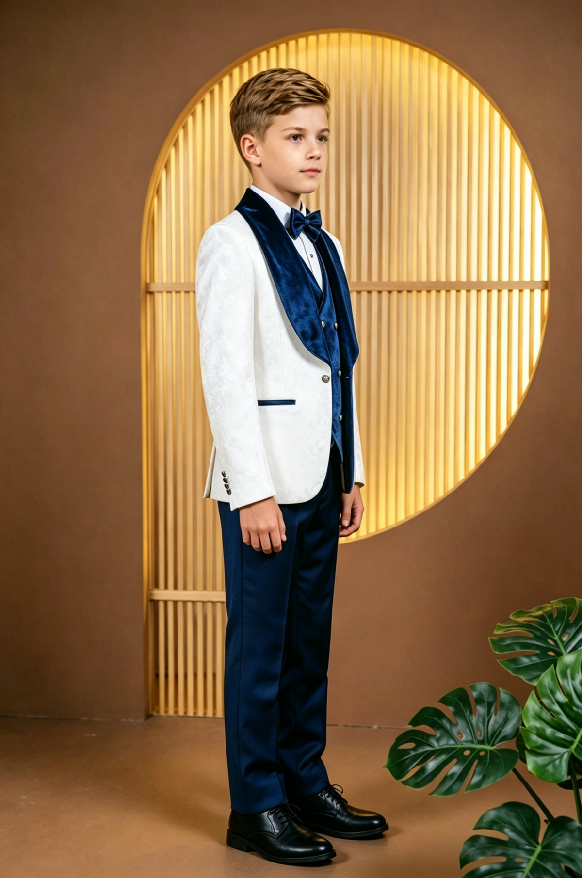 White Jacquard Satin + Navy Velvet Lapel & Vest + Blend Trousers 3-Piece Suit