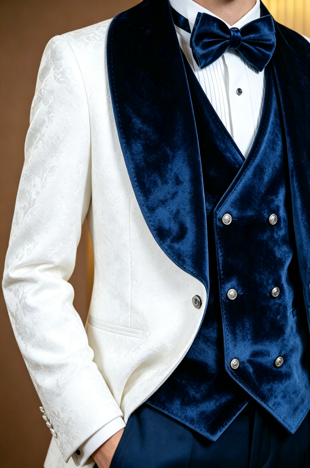 White Jacquard Satin + Navy Velvet Lapel & Vest + Blend Trousers 3-Piece Suit