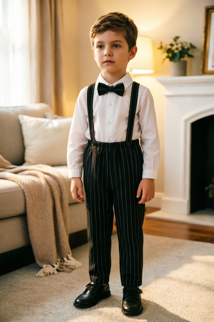 Black Vertical Stripe Blend Straight Leg Dress Pants(Suspenders Not Included)