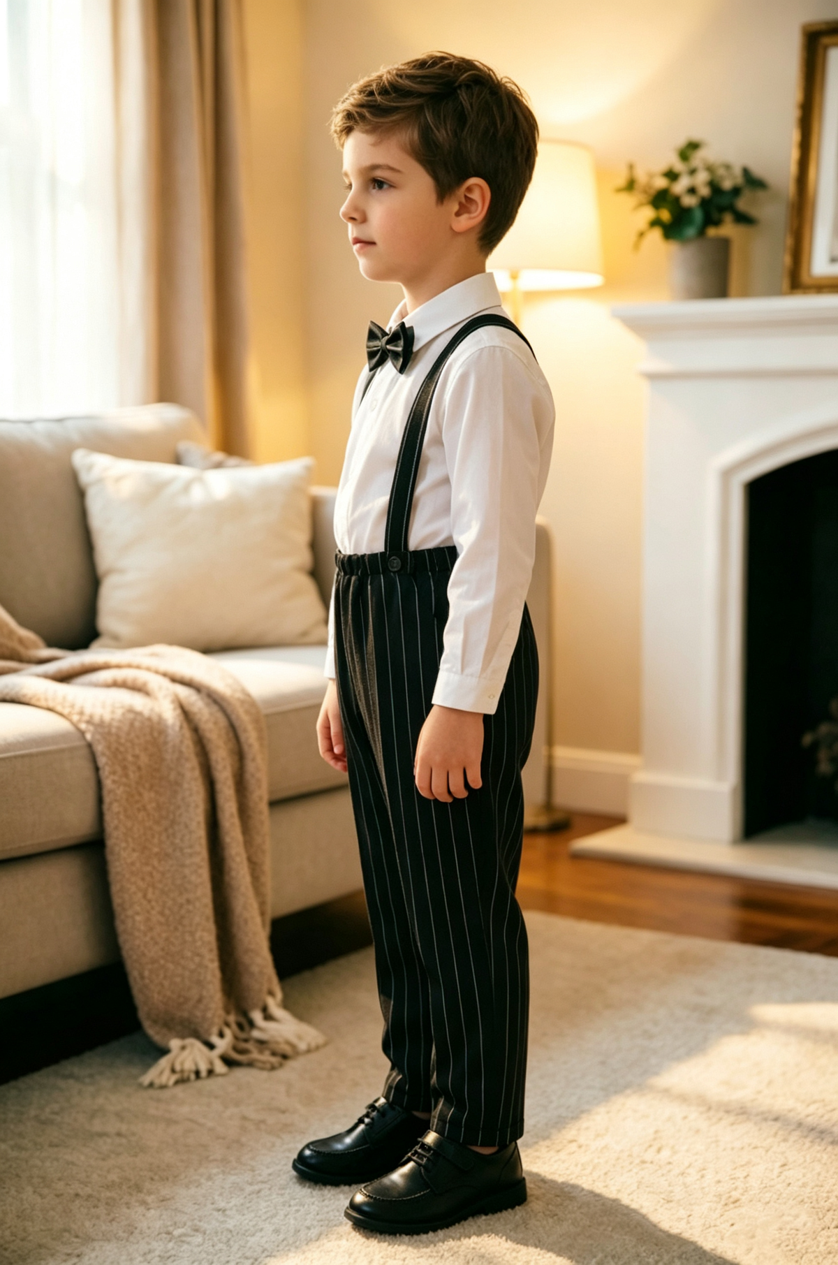 Black Vertical Stripe Blend Straight Leg Dress Pants(Suspenders Not Included)